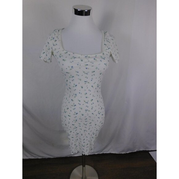 H&M Divided Dress Womens XS White Blue Floral Ribbed Square Neck Bodycon Mini - Picture 1 of 12
